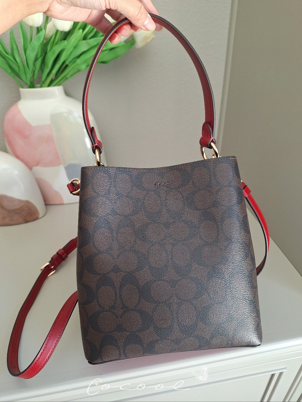 NWT!COACH SMALL TOWN BUCKET BAG IN SIGNATURE CANVAS ( 2312) IM/BROWN 1941 RED - Picture 6 of 10